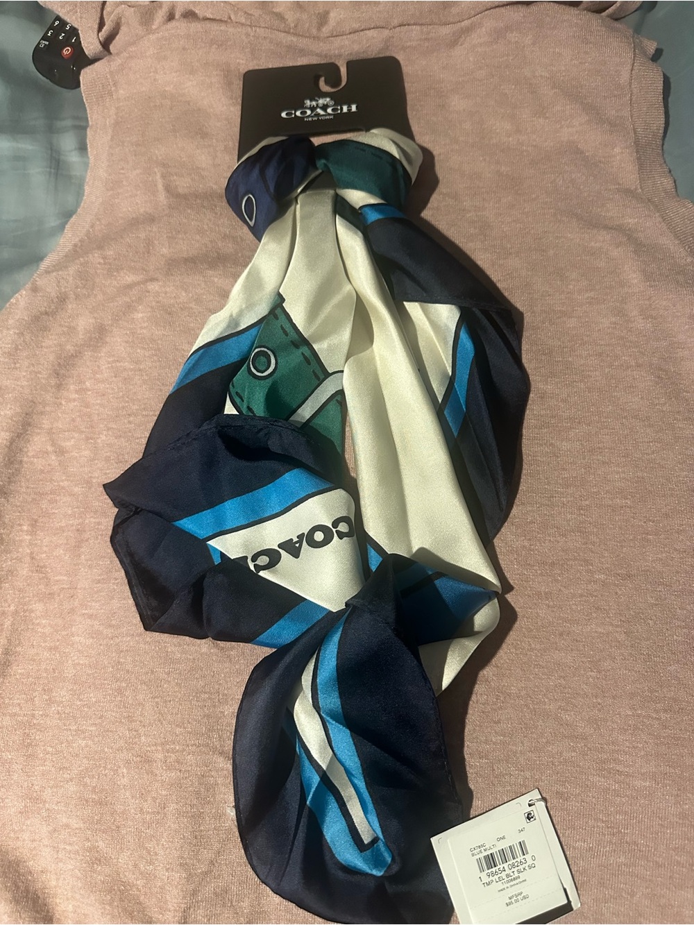 Coach Men's Navy, Cream & Teal Logo Silk Scarf